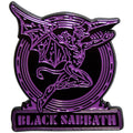 Black Sabbath Pin Badge: Purple Text Logo & Daemon
