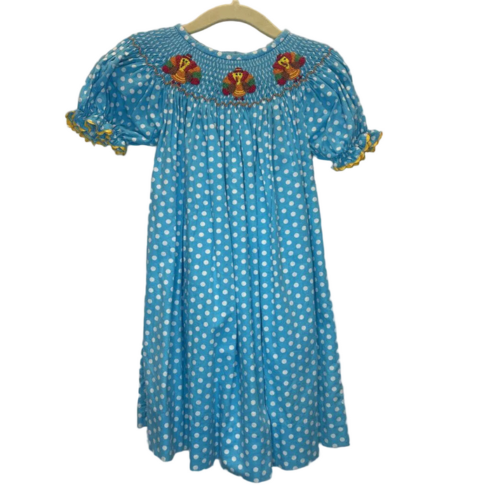 Girls Blue Polka Dot Dress with Turkey Embroidery